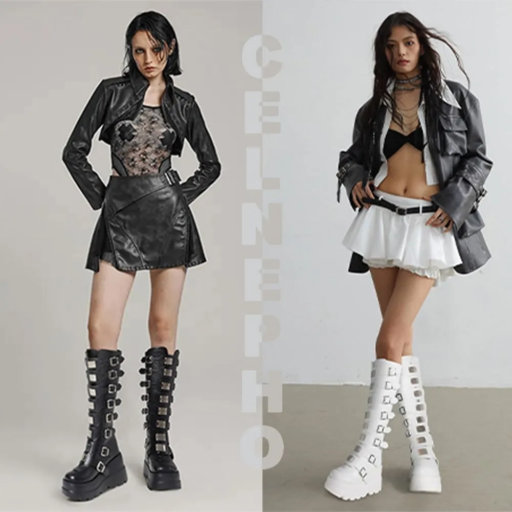 CELNEPHO Womens Wedge Platform Knee High Boots High Heel Round-Toe Zip Punk Goth Mid Calf Combat Boots For Women