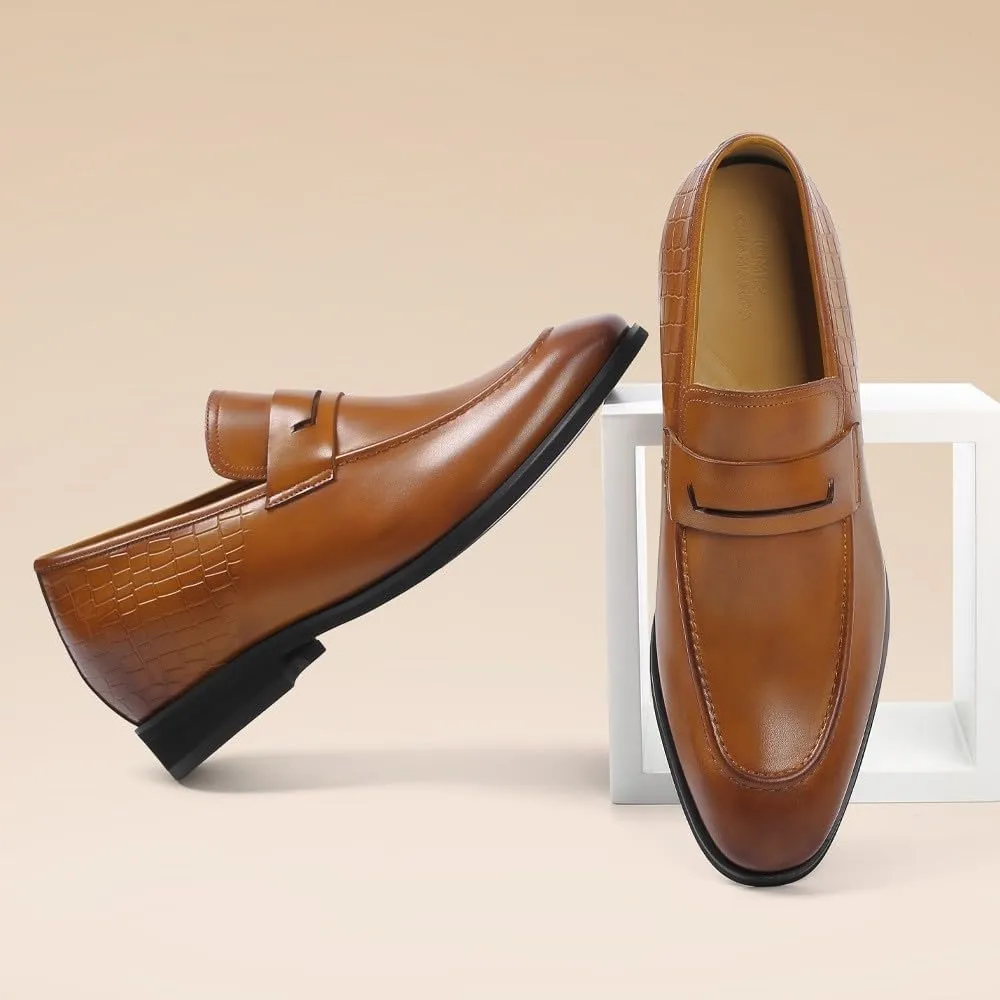 CHAMARIPA Men's Brown Cowhide Leather Height Increase Dress Loafers & Slip-Ons - Elevate Your Style with 7CM / 2.76 Inches Boost