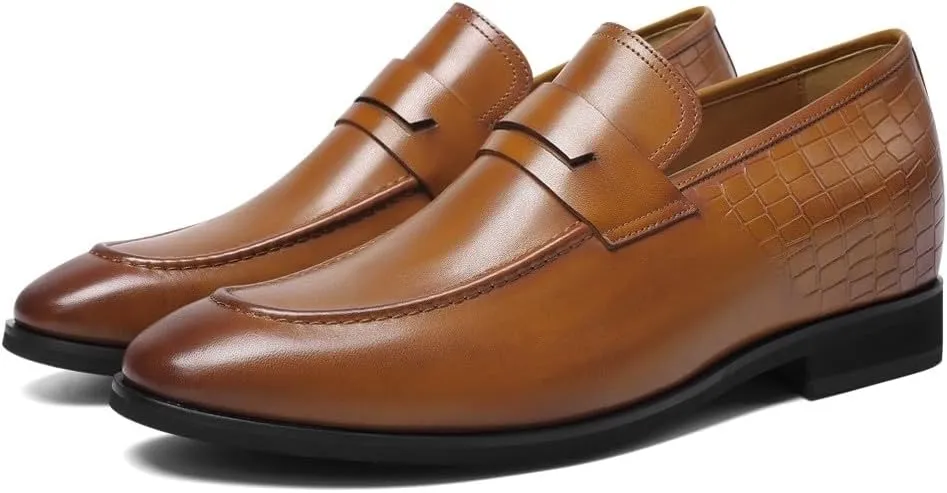 CHAMARIPA Men's Brown Cowhide Leather Height Increase Dress Loafers & Slip-Ons - Elevate Your Style with 7CM / 2.76 Inches Boost
