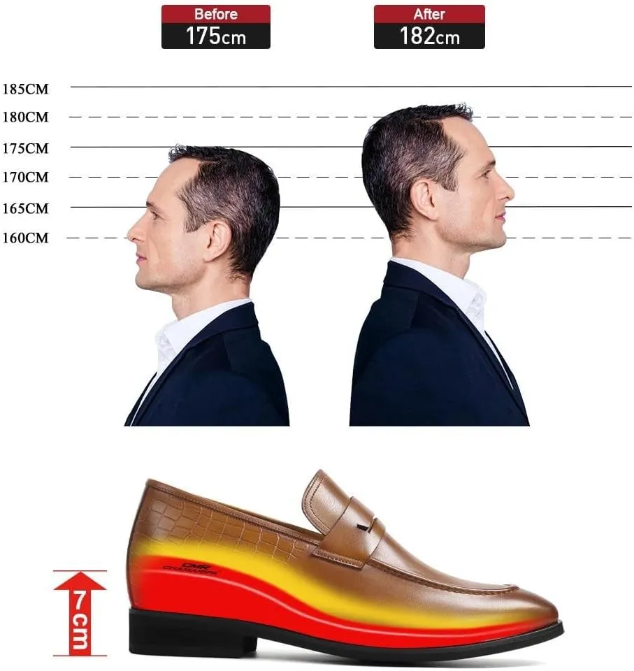 CHAMARIPA Men's Brown Cowhide Leather Height Increase Dress Loafers & Slip-Ons - Elevate Your Style with 7CM / 2.76 Inches Boost