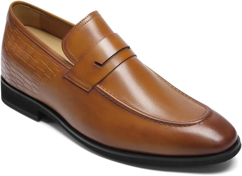CHAMARIPA Men's Brown Cowhide Leather Height Increase Dress Loafers & Slip-Ons - Elevate Your Style with 7CM / 2.76 Inches Boost