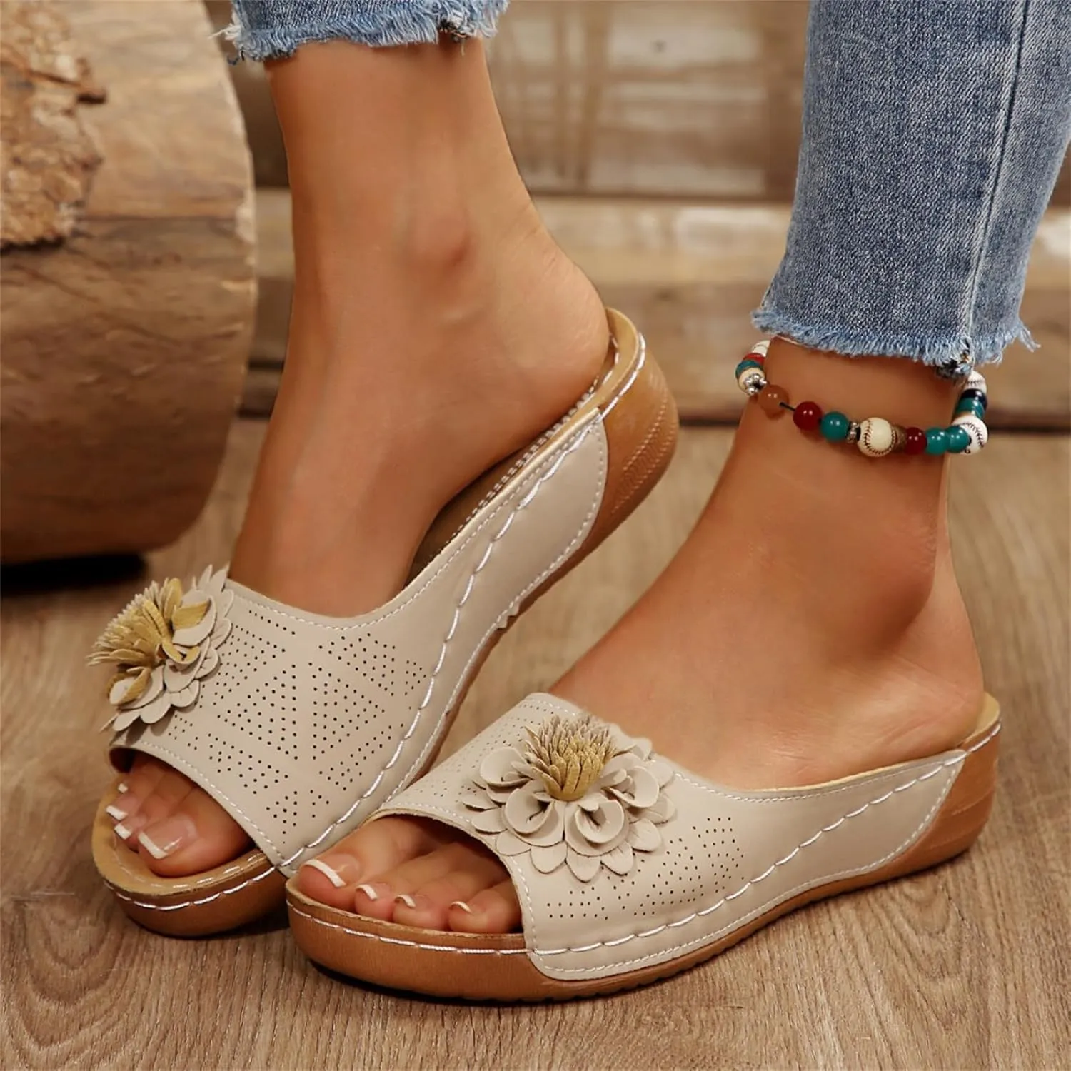Chic Flowers Orthopedic Sandals for Women Arch Support Fish Mouth Open Toe Leather Slippers Wedge Platform Sandal