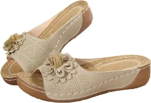 Chic Flowers Orthopedic Sandals for Women Arch Support Fish Mouth Open Toe Leather Slippers Wedge Platform Sandal