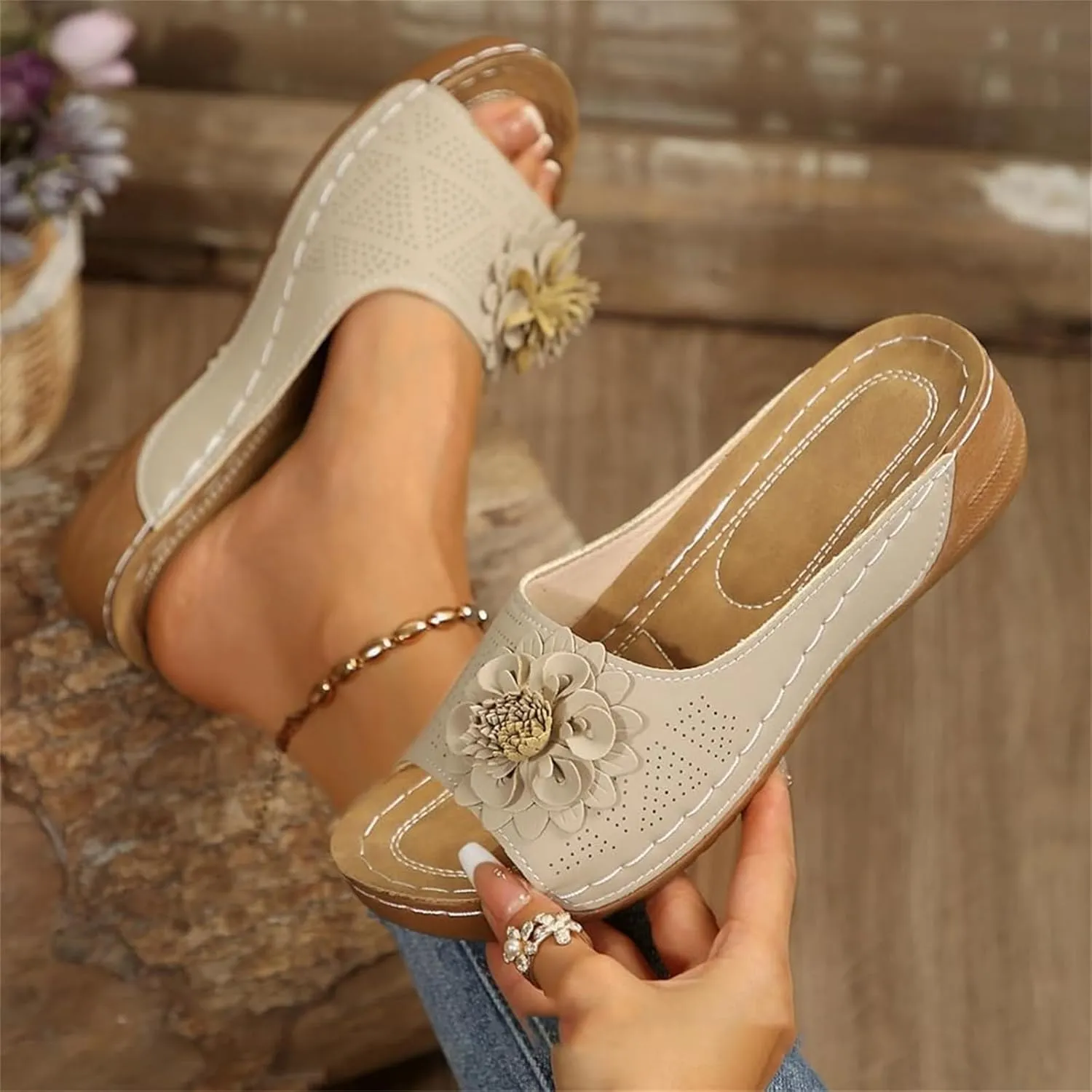 Chic Flowers Orthopedic Sandals for Women Arch Support Fish Mouth Open Toe Leather Slippers Wedge Platform Sandal