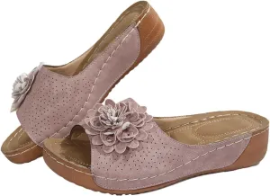 Chic Flowers Orthopedic Sandals for Women Arch Support Fish Mouth Open Toe Leather Slippers Wedge Platform Sandal