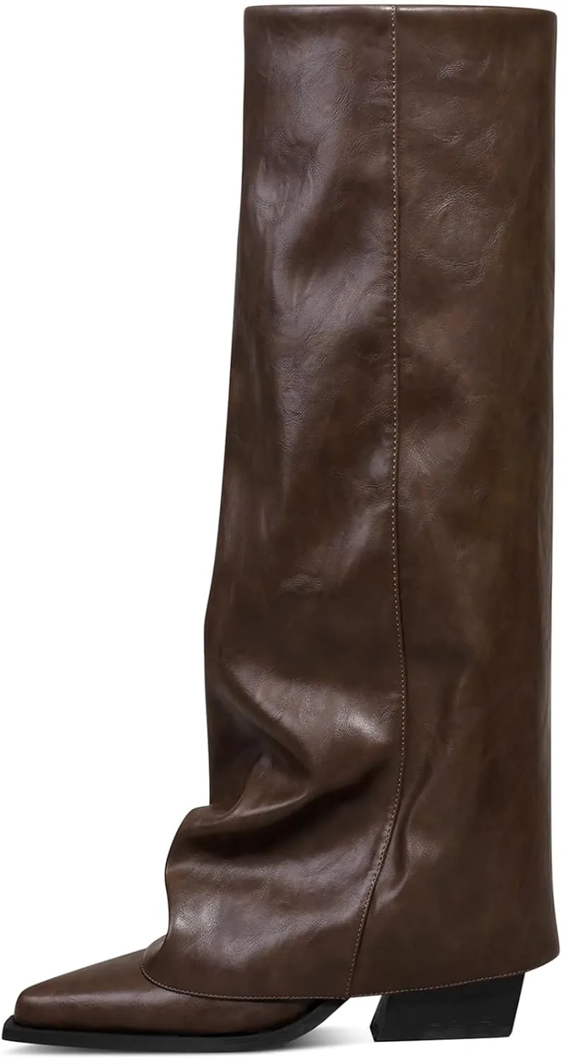 Chunky Knee High Fold Over Boots for Women with Zipper Pointed Toe