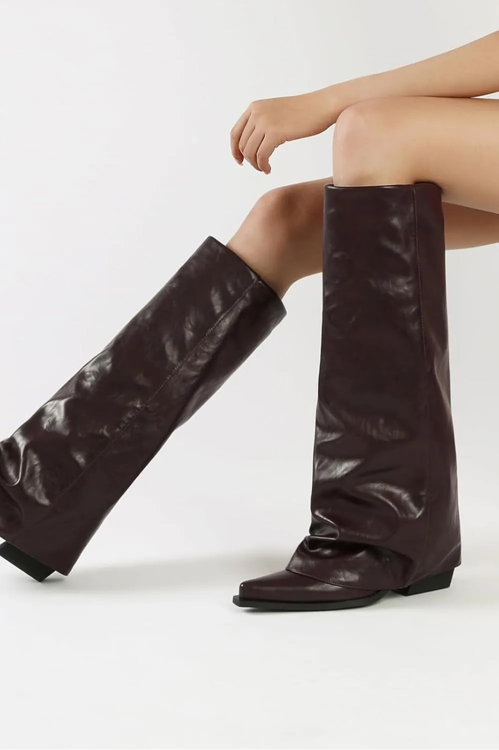 Chunky Knee High Fold Over Boots for Women with Zipper Pointed Toe