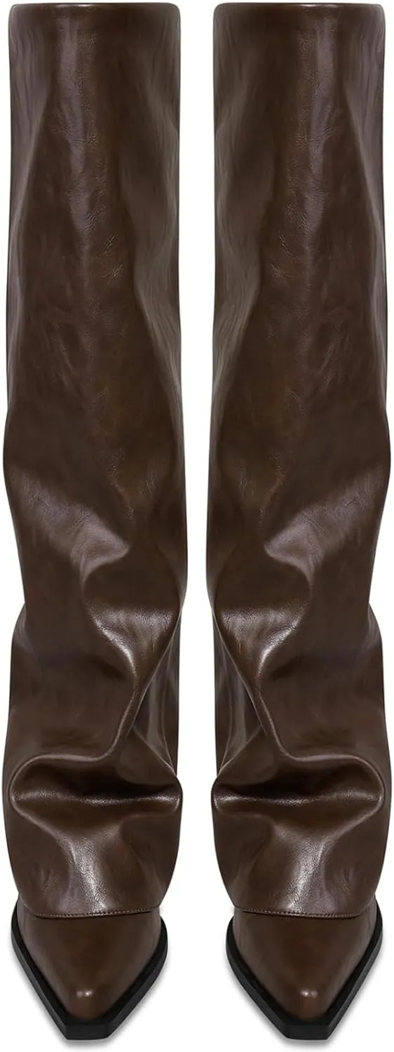 Chunky Knee High Fold Over Boots for Women with Zipper Pointed Toe
