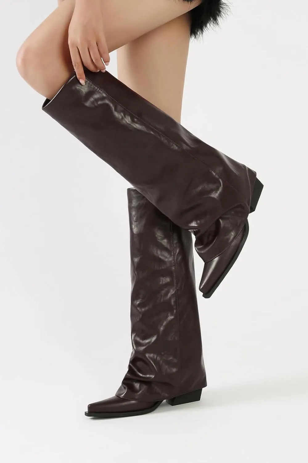 Chunky Knee High Fold Over Boots for Women with Zipper Pointed Toe