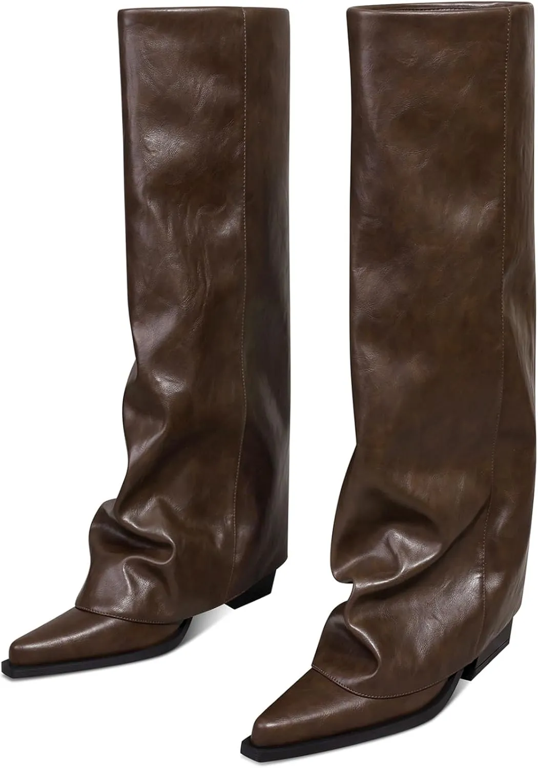 Chunky Knee High Fold Over Boots for Women with Zipper Pointed Toe