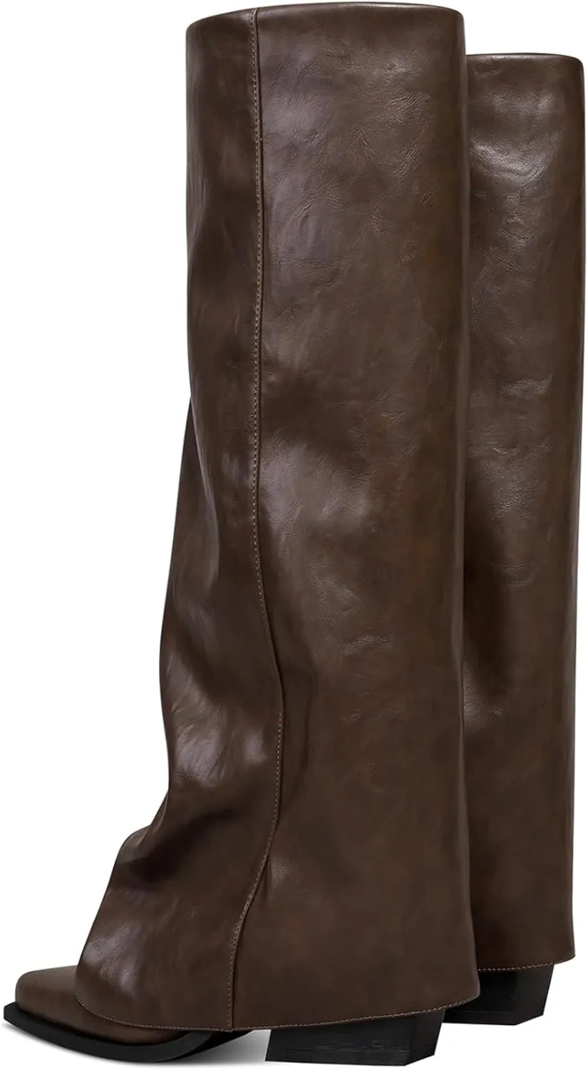 Chunky Knee High Fold Over Boots for Women with Zipper Pointed Toe