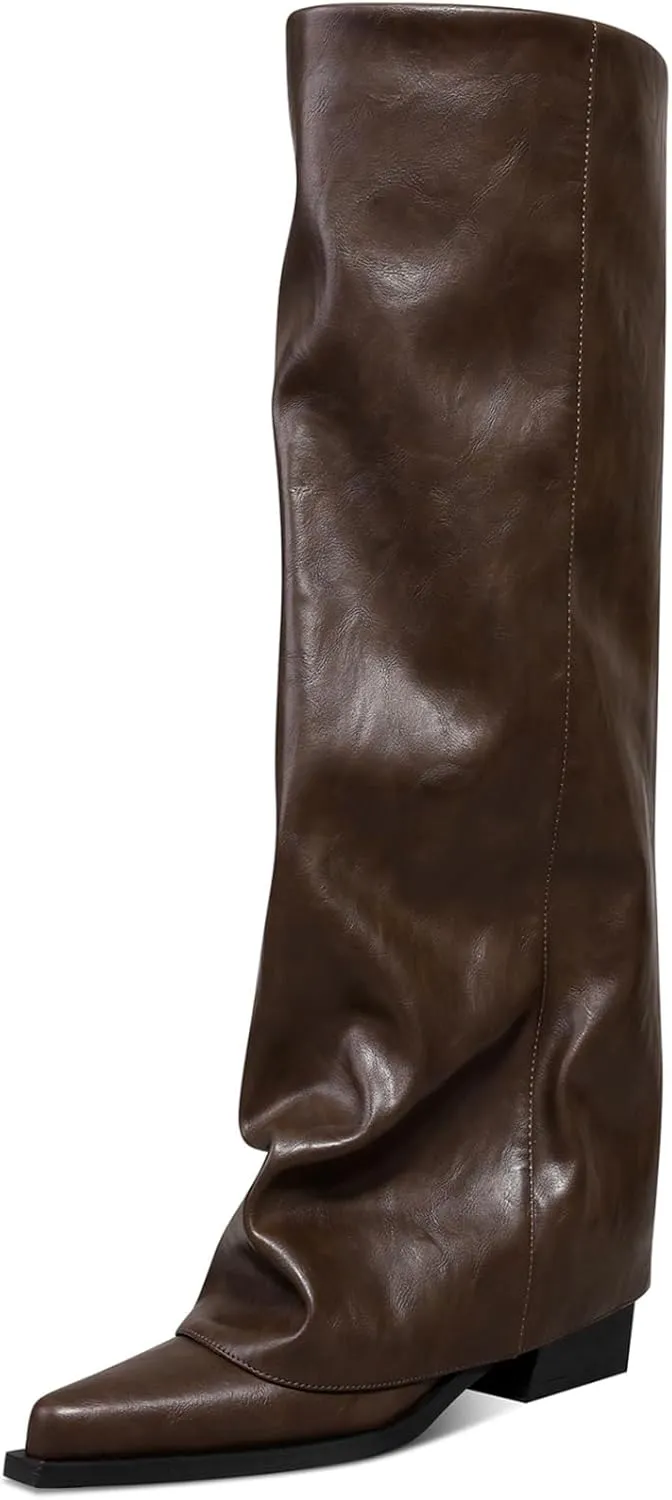 Chunky Knee High Fold Over Boots for Women with Zipper Pointed Toe