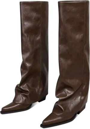 Chunky Knee High Fold Over Boots for Women with Zipper Pointed Toe
