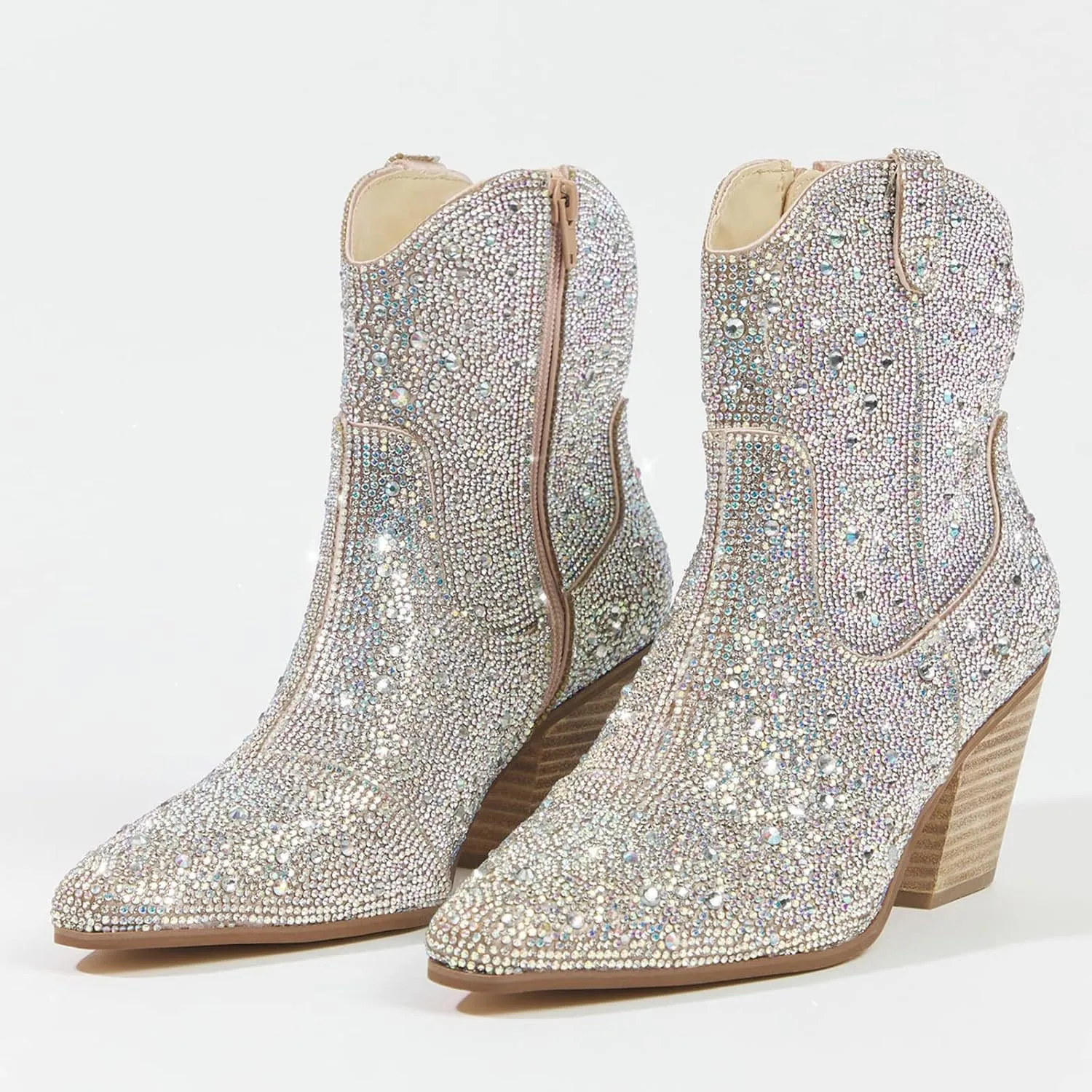CKSNDLF Women's Cowboy Boots Cowgirl Rhinestones Western Boots Pointed Toe Chunky Stacked Heel Sparkly Glitter Bling Shoes