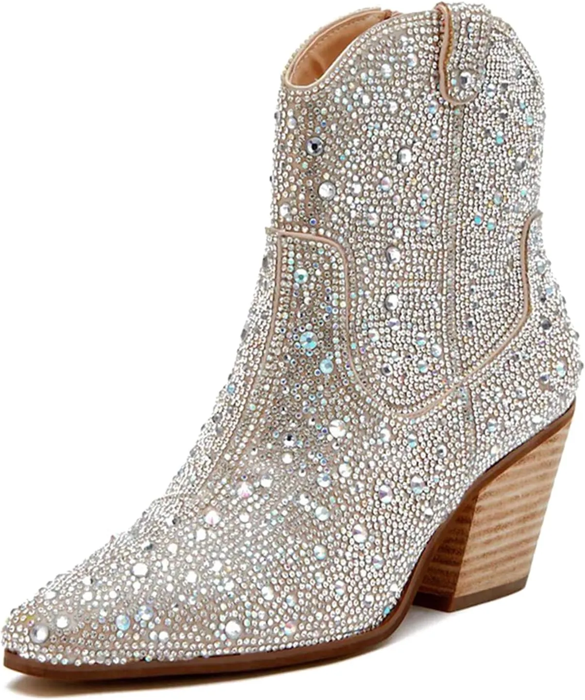 CKSNDLF Women's Cowboy Boots Cowgirl Rhinestones Western Boots Pointed Toe Chunky Stacked Heel Sparkly Glitter Bling Shoes