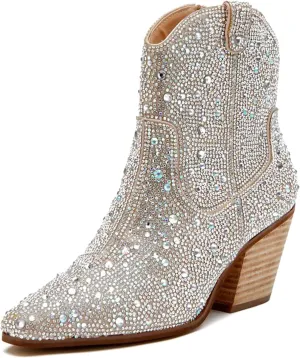 CKSNDLF Women's Cowboy Boots Cowgirl Rhinestones Western Boots Pointed Toe Chunky Stacked Heel Sparkly Glitter Bling Shoes