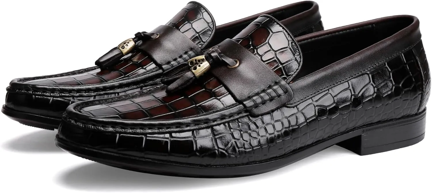 Classic Men's Leather Tassel Loafers Alligator Printed Slip-on Dress Shoes Business Formal Shoes Driving Party Wedding Loafers for Men ﻿