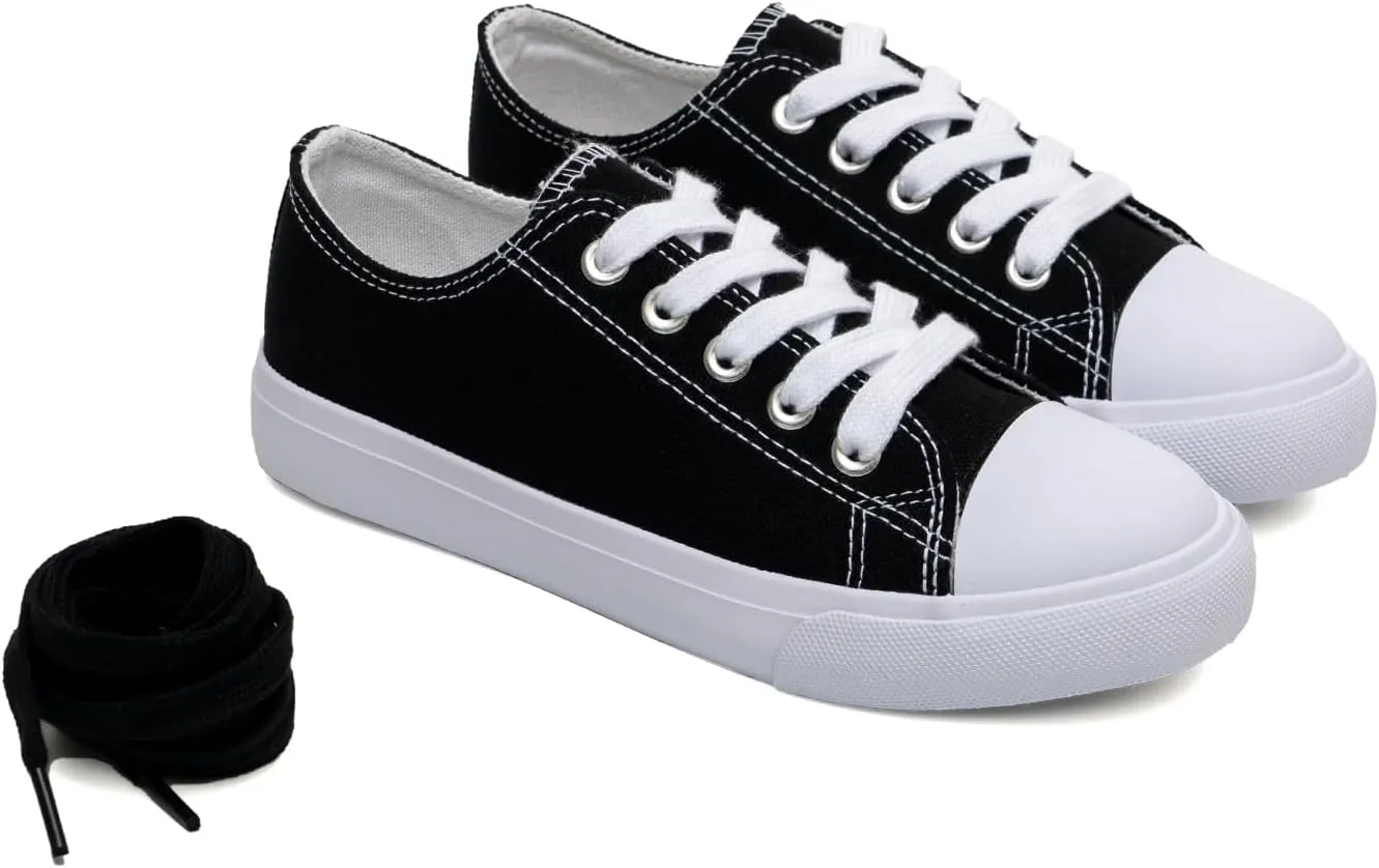 Classic Unisex Low-Top Canvas Sneakers – Boys Girls and Toddler Casual Lace-Up Shoes with Rubber Sole, Includes Extra White Shoelaces