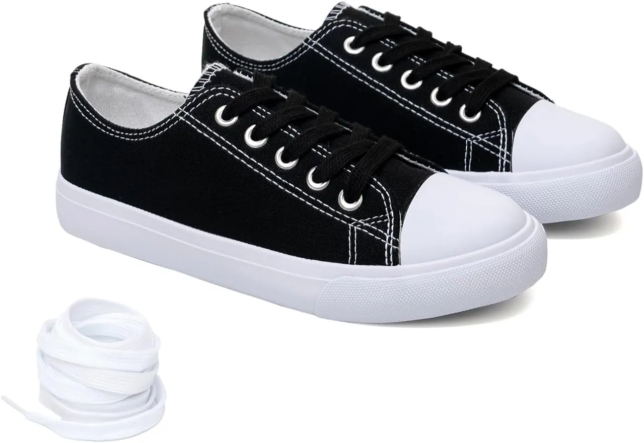 Classic Unisex Low-Top Canvas Sneakers – Boys Girls and Toddler Casual Lace-Up Shoes with Rubber Sole, Includes Extra White Shoelaces