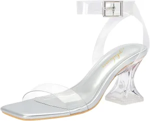 Clear Heels for Women Chunky Heel Sexy Open Square Toe Clear Ankle Strap Block Low Heeled Sandals