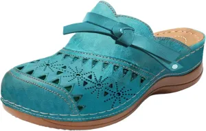 Clogs for Women Comfort Orthopedic Sandals Soft Cork Footbed Leather Mules Shoes Vintage Hollow Out Breathable Platform Wedge Sandals Arch Support Outdoor Beach Slippers Closed Toe Slippers