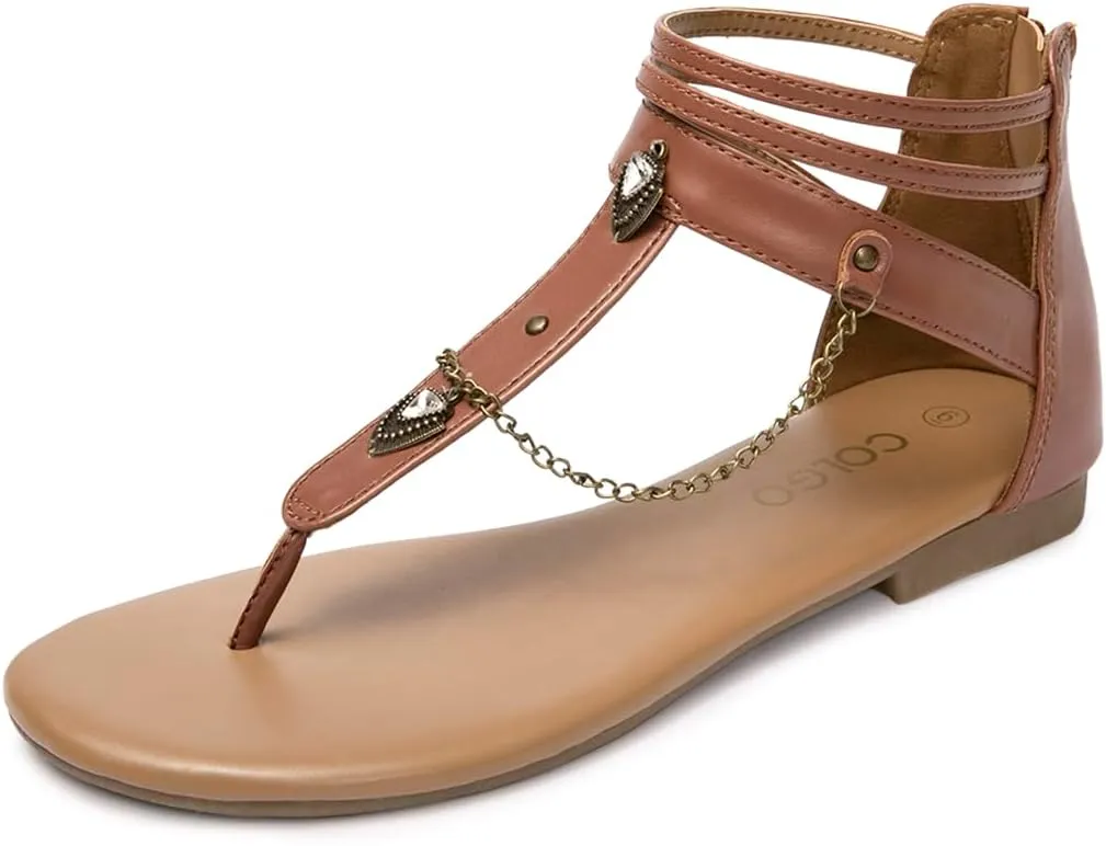 Colgo Thong Flat Sandals with Chain, Ankle Strap Zip Closure Flat Sandals, Women's Casual Sandals for Summer Party