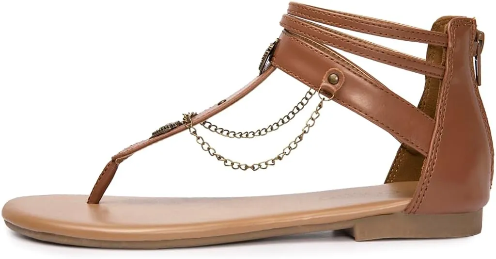 Colgo Thong Flat Sandals with Chain, Ankle Strap Zip Closure Flat Sandals, Women's Casual Sandals for Summer Party