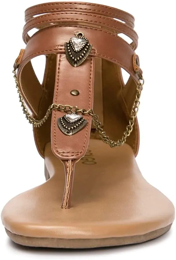 Colgo Thong Flat Sandals with Chain, Ankle Strap Zip Closure Flat Sandals, Women's Casual Sandals for Summer Party