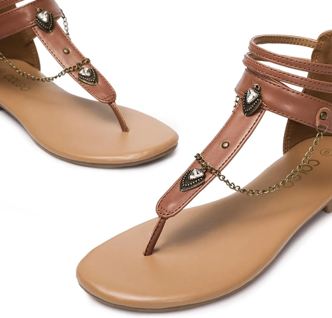 Colgo Thong Flat Sandals with Chain, Ankle Strap Zip Closure Flat Sandals, Women's Casual Sandals for Summer Party