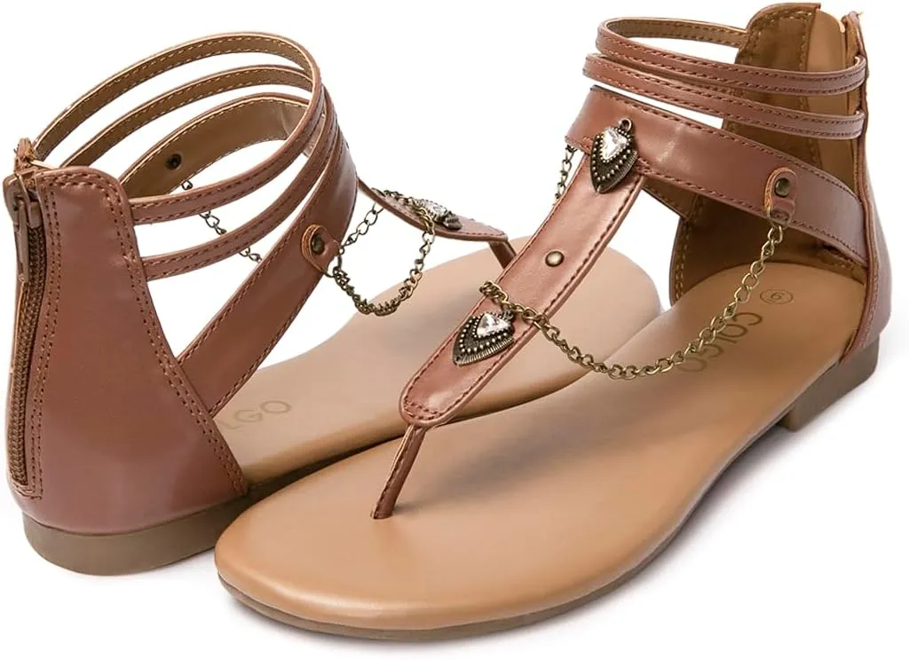 Colgo Thong Flat Sandals with Chain, Ankle Strap Zip Closure Flat Sandals, Women's Casual Sandals for Summer Party