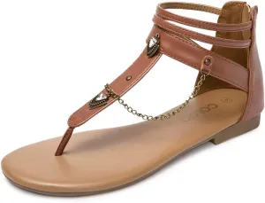 Colgo Thong Flat Sandals with Chain, Ankle Strap Zip Closure Flat Sandals, Women's Casual Sandals for Summer Party