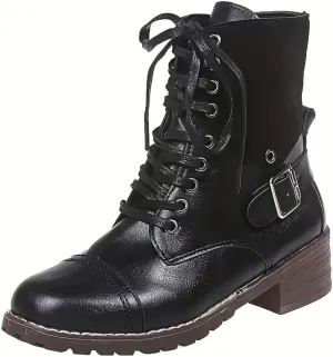 Combat Boots Women with Heel Women Boots Ankle Boots Side Zipper with Buckle Lace up Round Toe Fashion Casual Boots