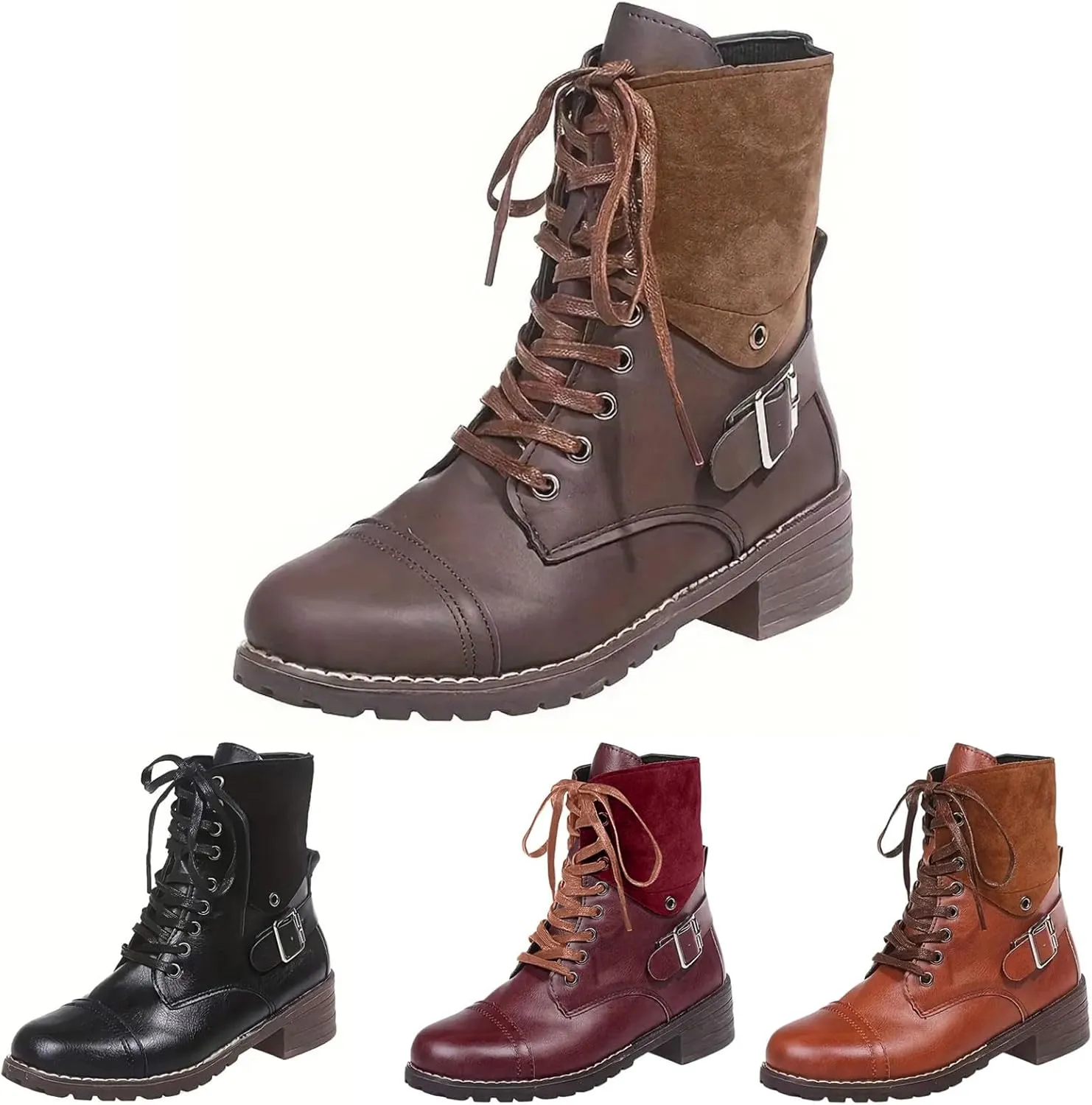 Combat Boots Women with Heel Women Boots Ankle Boots Side Zipper with Buckle Lace up Round Toe Fashion Casual Boots