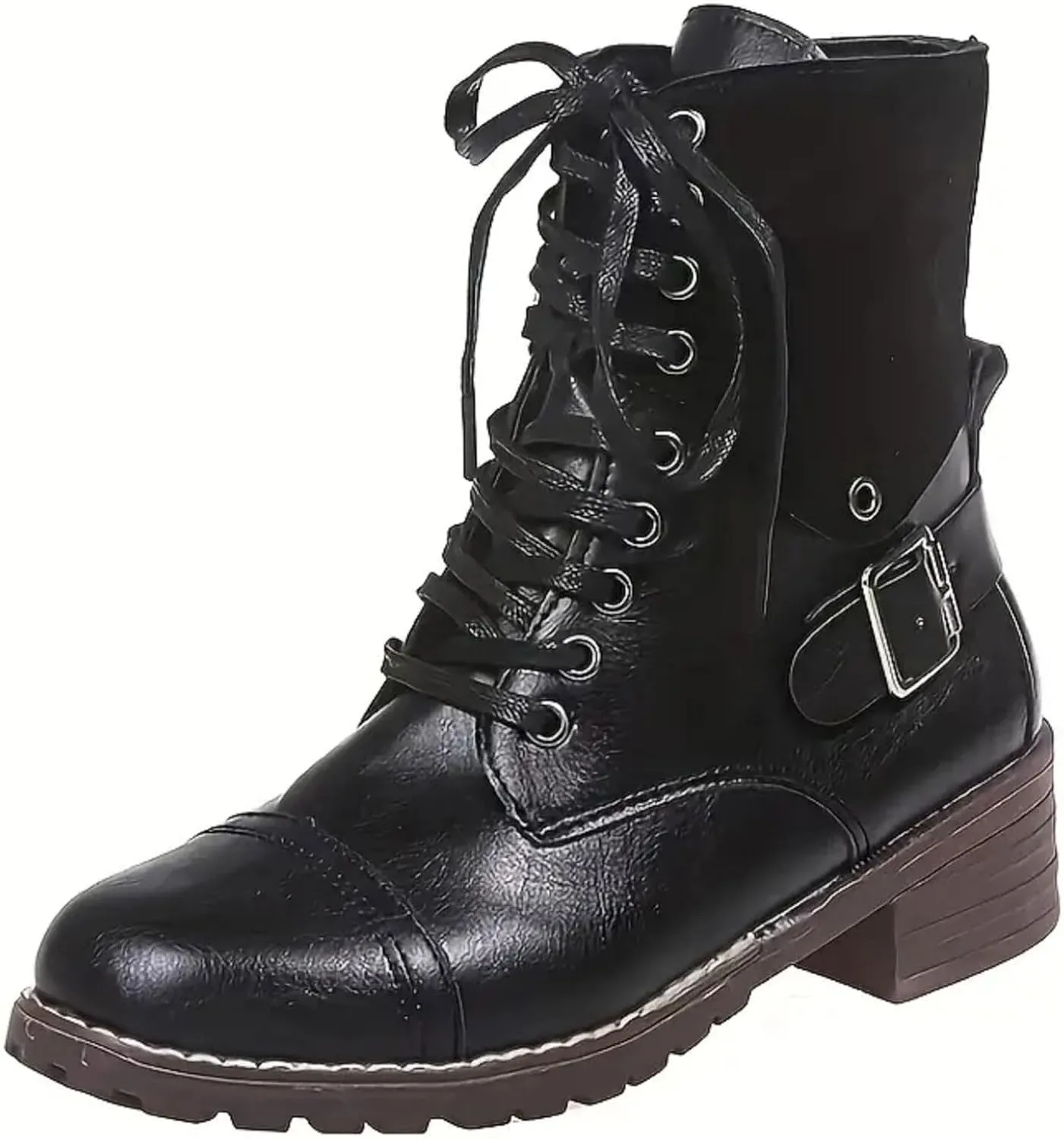 Combat Boots Women with Heel Women Boots Ankle Boots Side Zipper with Buckle Lace up Round Toe Fashion Casual Boots