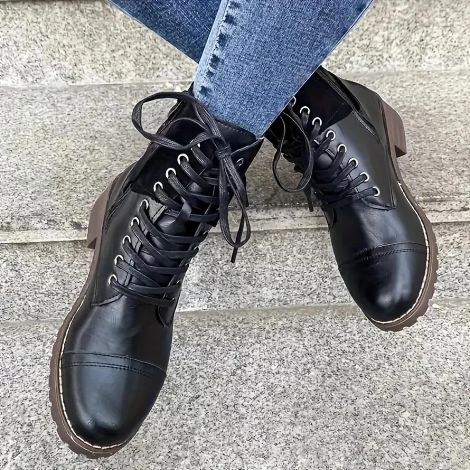 Combat Boots Women with Heel Women Boots Ankle Boots Side Zipper with Buckle Lace up Round Toe Fashion Casual Boots