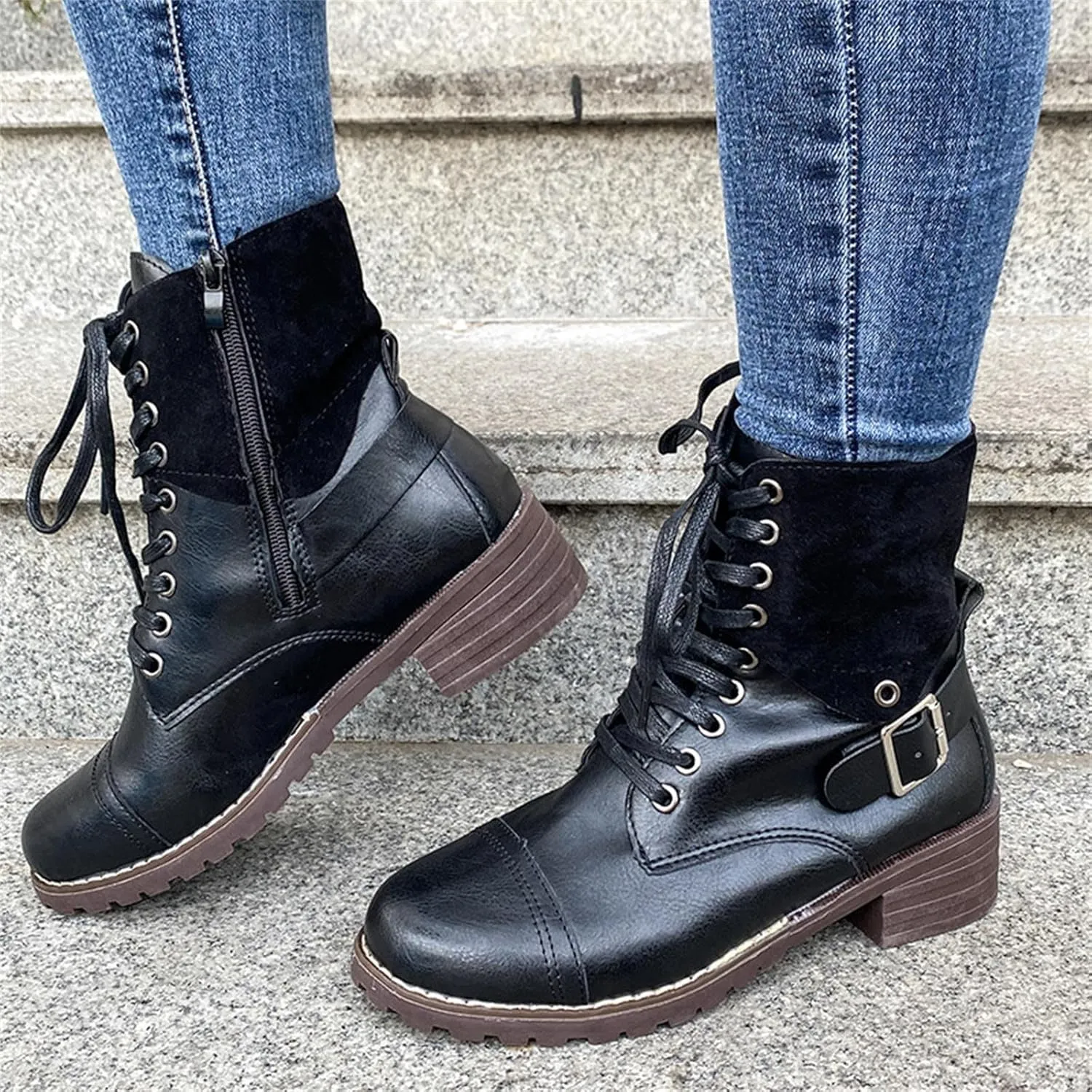 Combat Boots Women with Heel Women Boots Ankle Boots Side Zipper with Buckle Lace up Round Toe Fashion Casual Boots