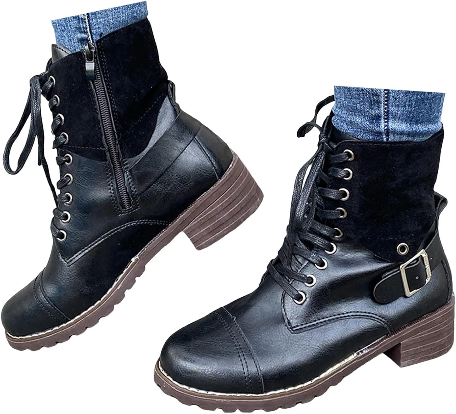 Combat Boots Women with Heel Women Boots Ankle Boots Side Zipper with Buckle Lace up Round Toe Fashion Casual Boots