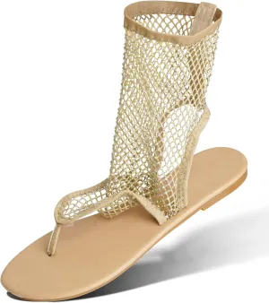 Comfortable Shiny Mesh Flat Sandals for Women - Fishnet Summer Ballet Flats Sandals for Stylish Summer Wear