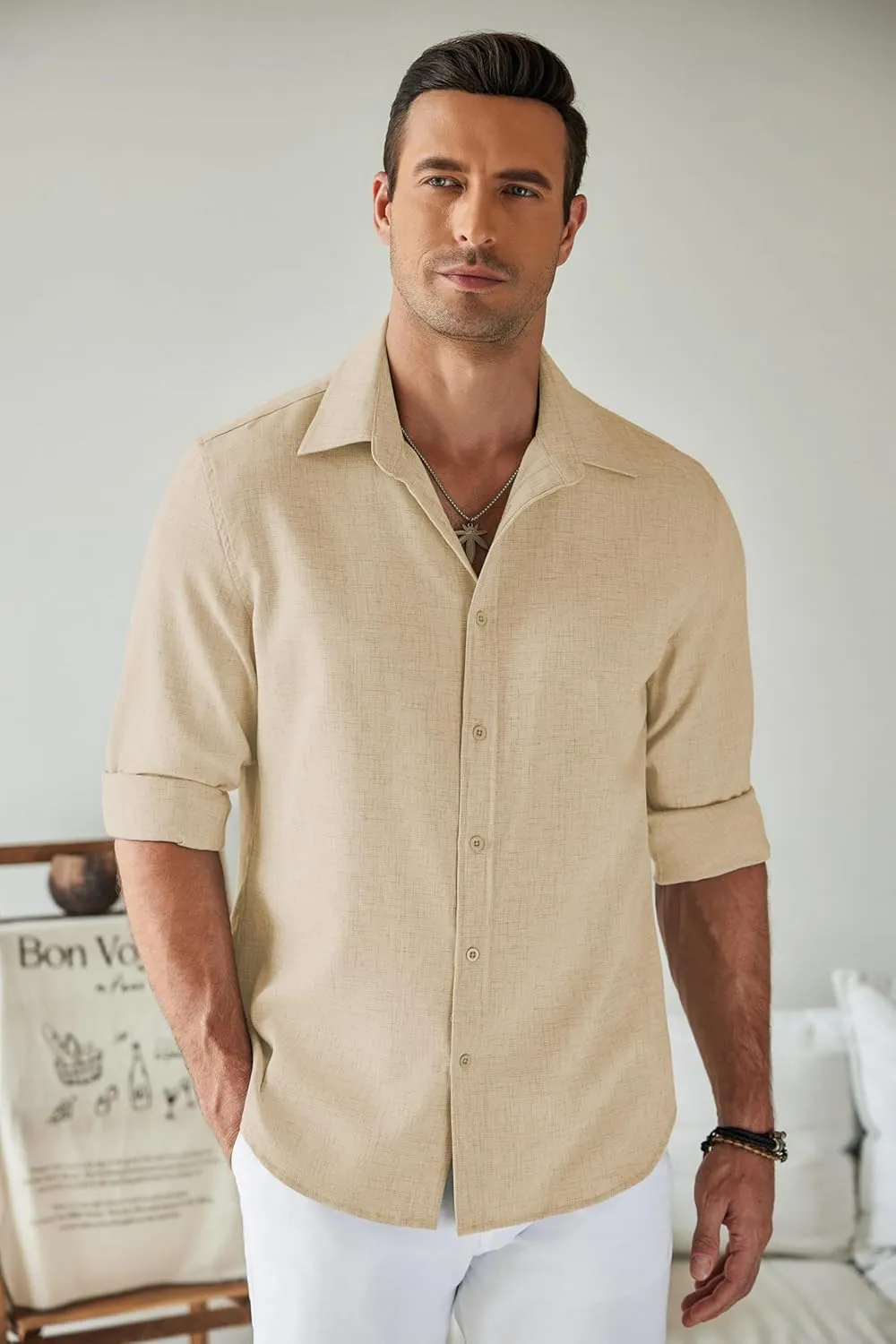 COOFANDY Men's Long Sleeve Button Down Linen Shirt Casual Untucked Chambray Shirt Wrinkle Free Wedding Shirts