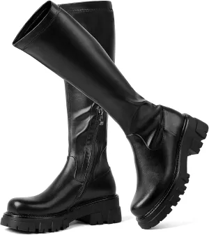 CouieCuies Women's Knee High Boots Black Tall Boot Lug Sole Shoes Stretch Below the Knee Comfortable Thick Sole Dressy Half Zipper