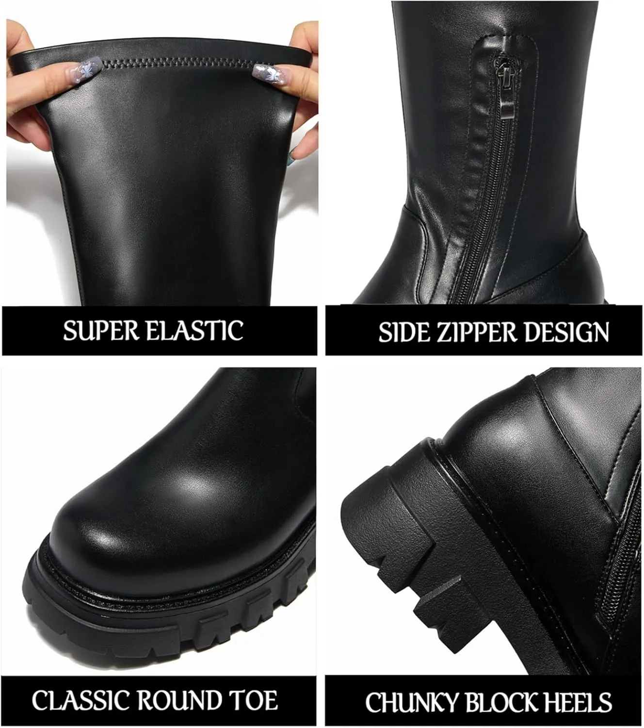 CouieCuies Women's Knee High Boots Black Tall Boot Lug Sole Shoes Stretch Below the Knee Comfortable Thick Sole Dressy Half Zipper