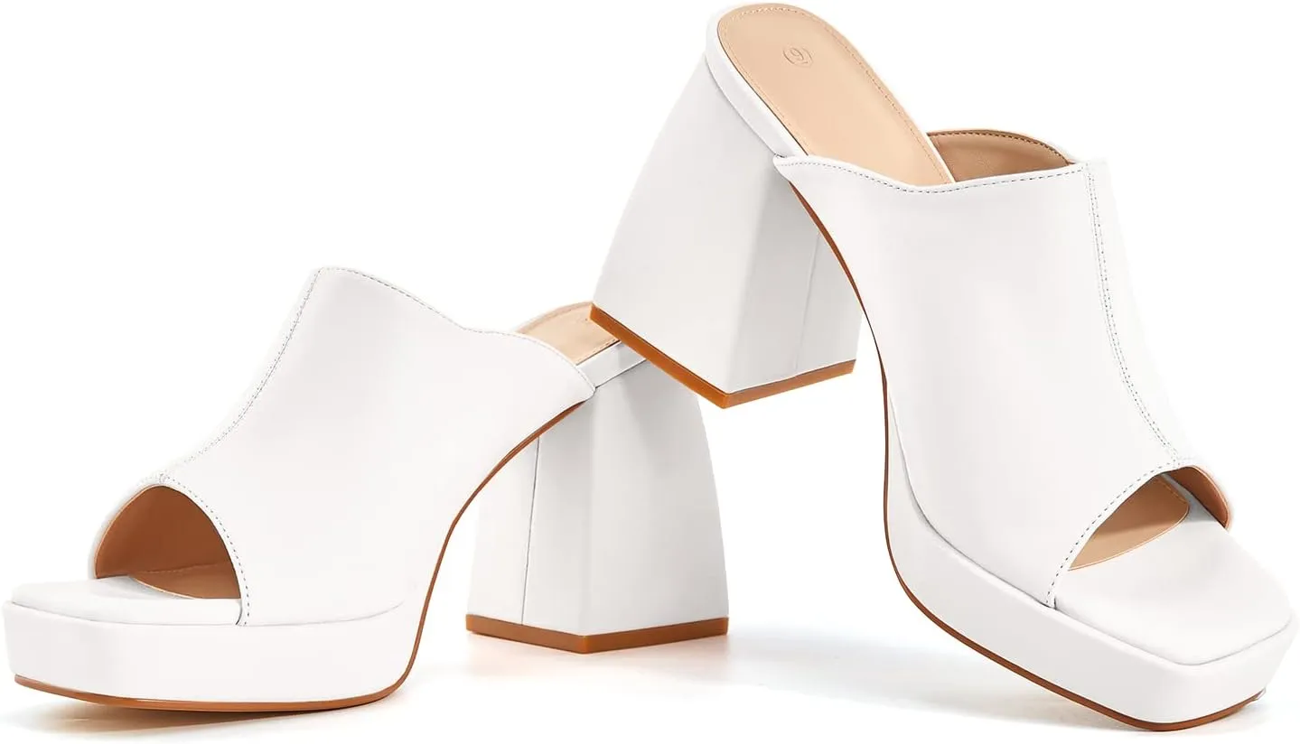 Coutgo Womens Chunky Platform Mules Sandals Slip On Block Heels Square Toe High Heeled Dress Shoes