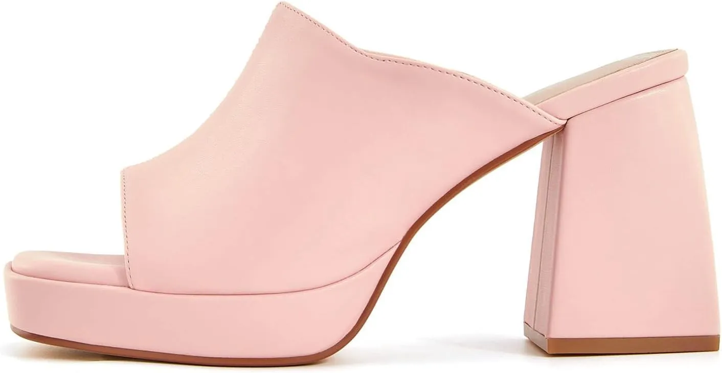 Coutgo Womens Chunky Platform Mules Sandals Slip On Block Heels Square Toe High Heeled Dress Shoes