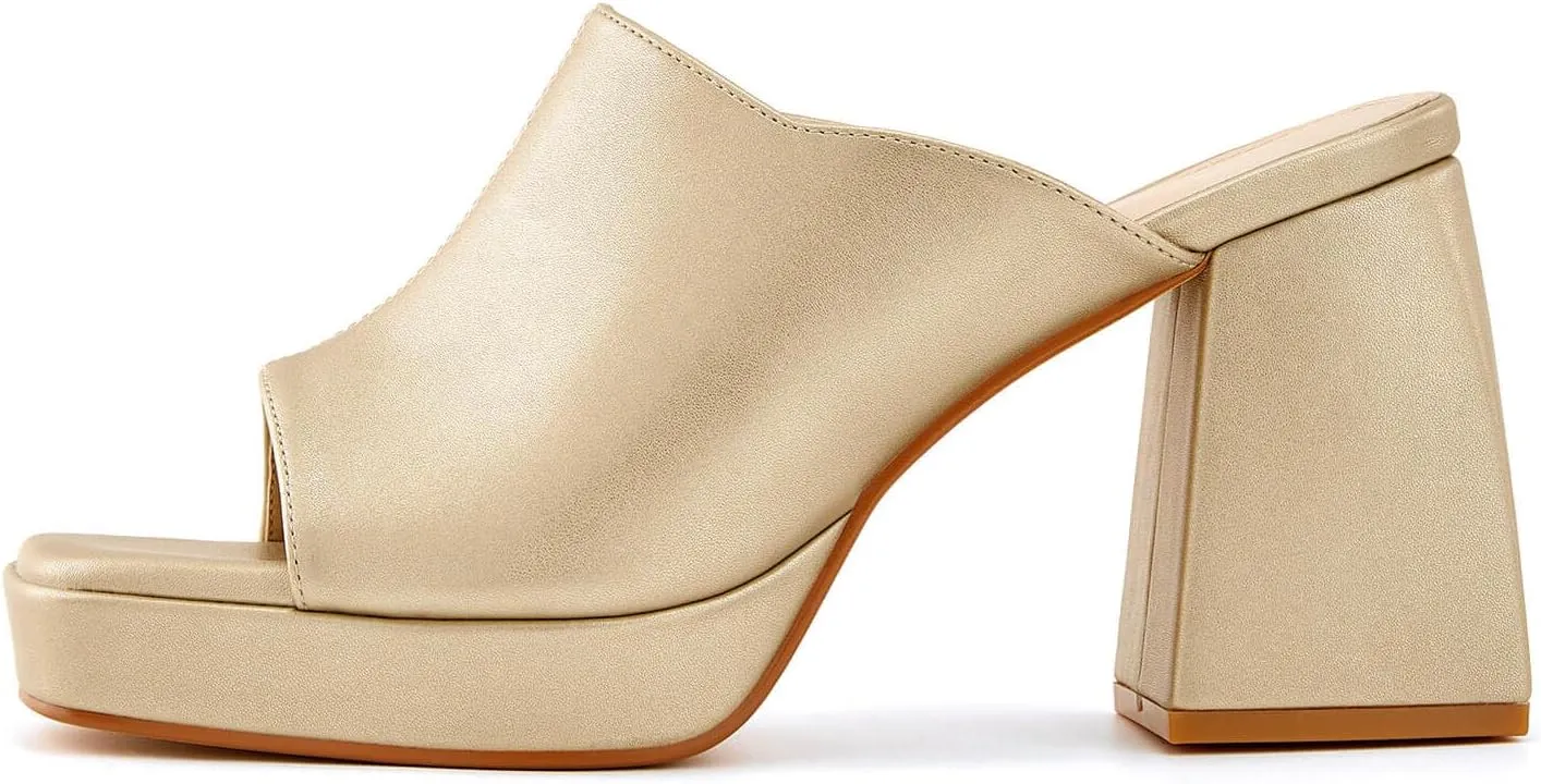 Coutgo Womens Chunky Platform Mules Sandals Slip On Block Heels Square Toe High Heeled Dress Shoes
