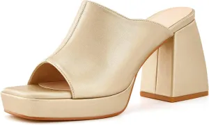 Coutgo Womens Chunky Platform Mules Sandals Slip On Block Heels Square Toe High Heeled Dress Shoes