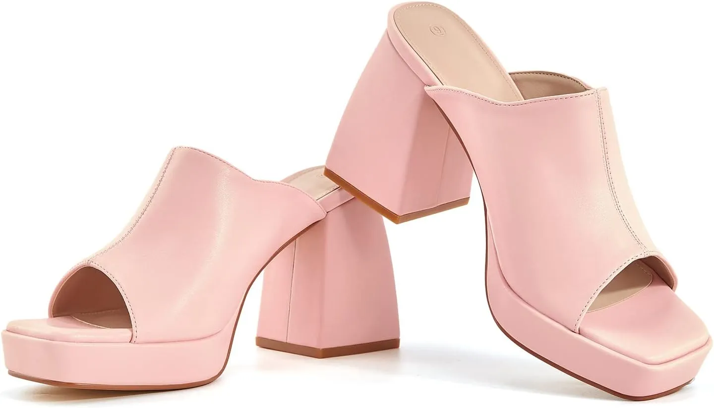 Coutgo Womens Chunky Platform Mules Sandals Slip On Block Heels Square Toe High Heeled Dress Shoes