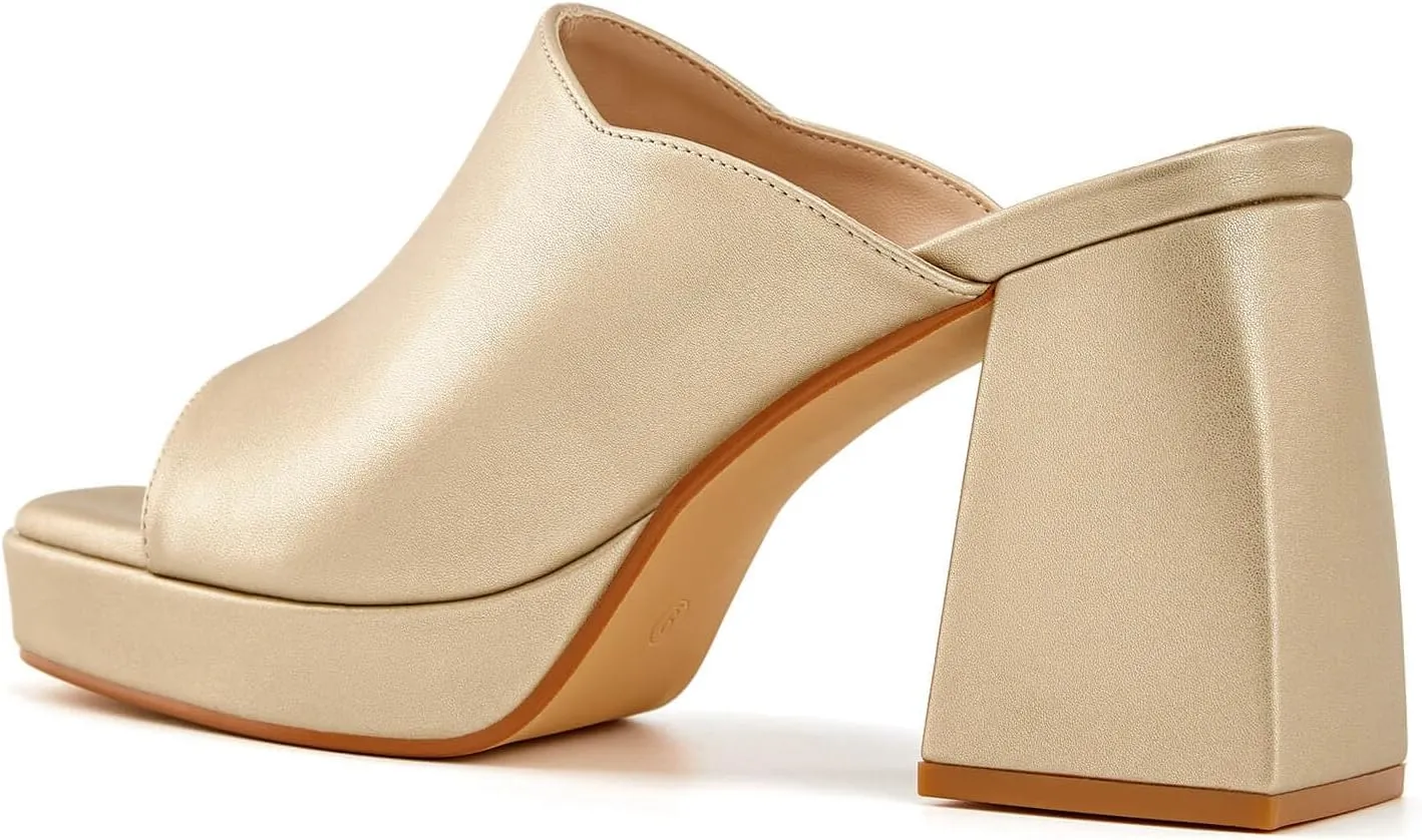 Coutgo Womens Chunky Platform Mules Sandals Slip On Block Heels Square Toe High Heeled Dress Shoes