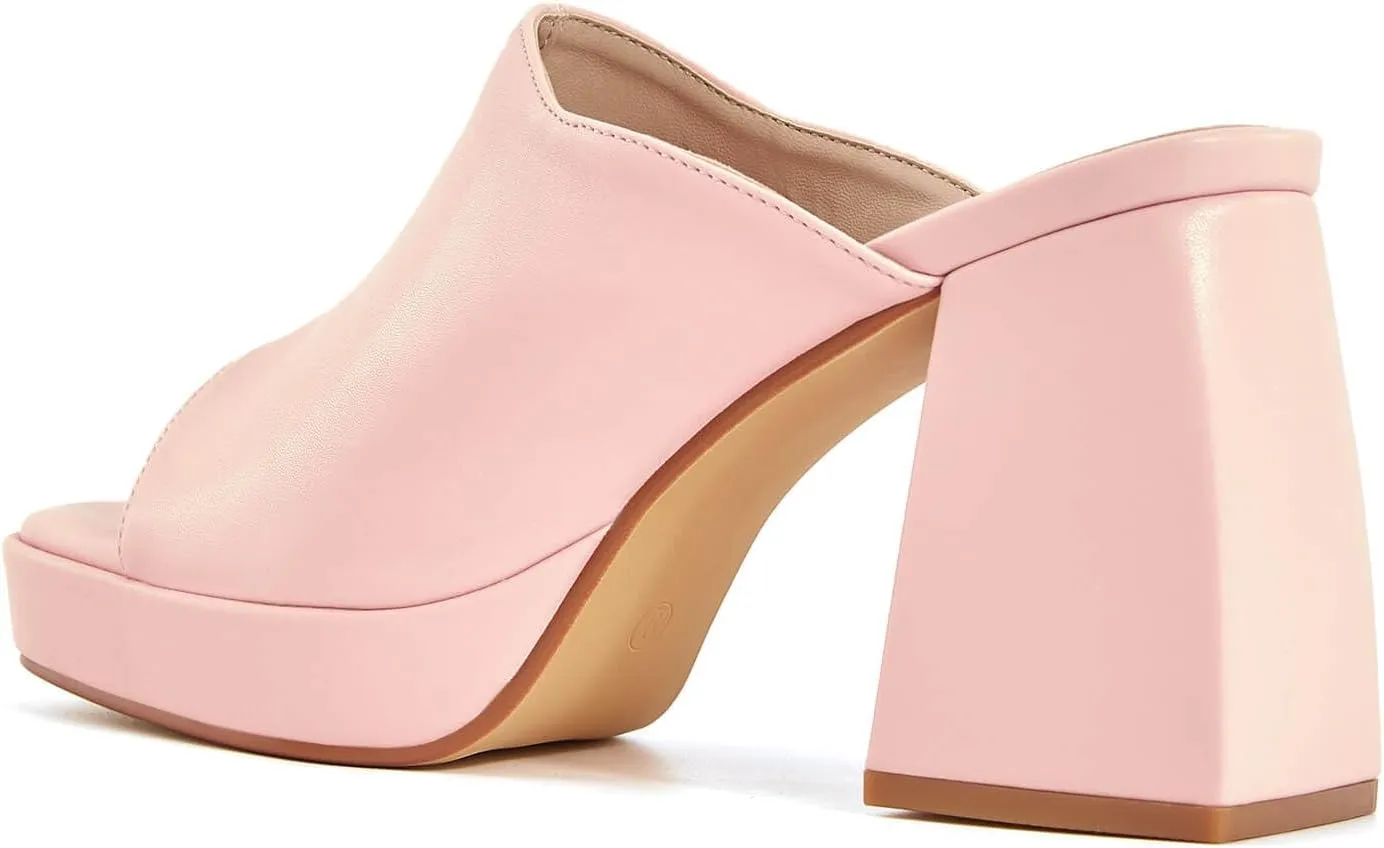 Coutgo Womens Chunky Platform Mules Sandals Slip On Block Heels Square Toe High Heeled Dress Shoes