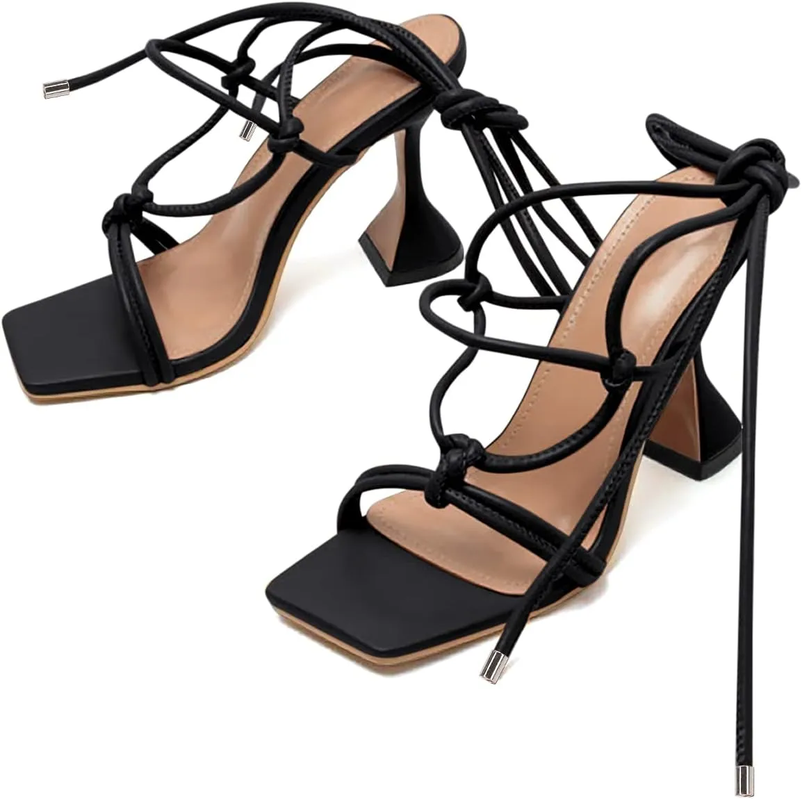 Coutgo Women's Lace Up Heels Gladiator Square Open Toe Dressy Stilettos Strappy Comfortable Summer Party Shoes
