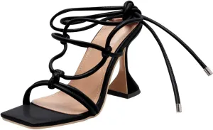 Coutgo Women's Lace Up Heels Gladiator Square Open Toe Dressy Stilettos Strappy Comfortable Summer Party Shoes